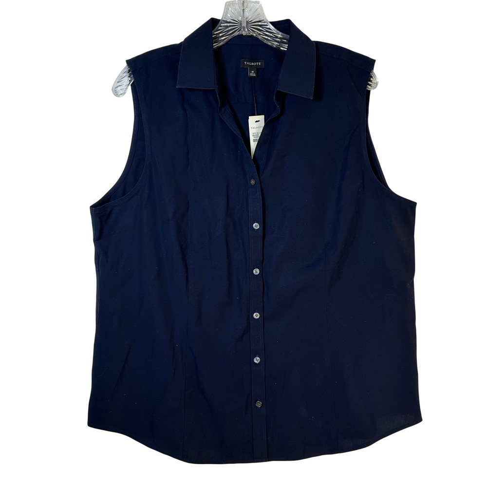 Talbots Navy Blue Sleeveless Button Down Shirt Stretch Cotton Size 18 NWT